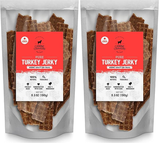 Canine Cravers Single Ingredient Dog Treats – Pure Turkey Jerky - Human Grade Air Dried Hypoallergenic Pet Food – Grain, Gluten, and Soy Free – 100% All Natural – 5.3 oz (Pack of 2)