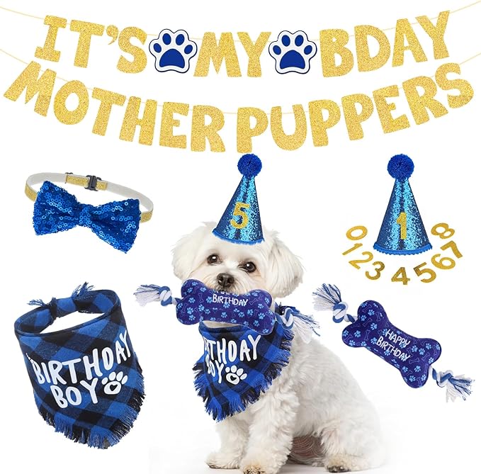 SCENEREAL Dog Birthday Party Supplies, Dog Birthday Bandana Hat Toy Bow Tie Collar Set with Birthday Numbers, Puppy Pet Birthday Scarf Accessories Outfit Decorations for Boy Girl Small Dogs, S