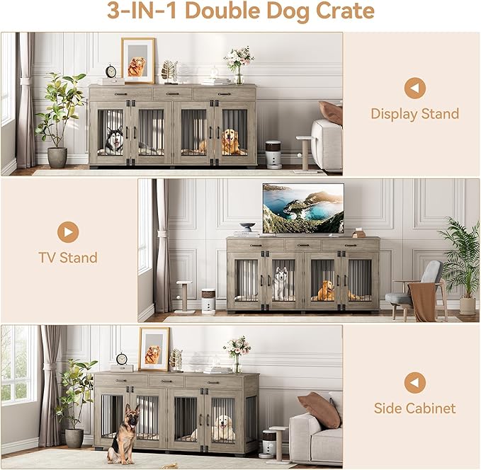Dog Crate Furniture, 71'' XXL Indoor Dog Kennel for 2 Dogs with 3 Drawers and Removable Room Divider, Wooden Double Dog CrateTV Stand End Table with Double Doors for Large Medium Dogs, Grey