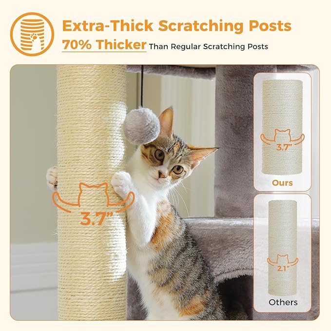 Large Cat Tree with Reinforced Scratching Posts (φ3.7in) for Big Adult Cats 30 lbs, 57.8" Heavy Duty Cat Tower with Larger Hammock and Condo, Cat Furniture for Maine Coon, Plush,Grey