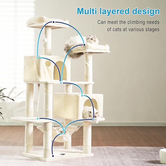 Hey-brother Large Multi-Level Cat Tree Condo Furniture with Sisal-Covered Scratching Posts, 2 Bigger Plush Condos, Perch Hammock for Kittens, Cats and Pets Beige MPJ020M