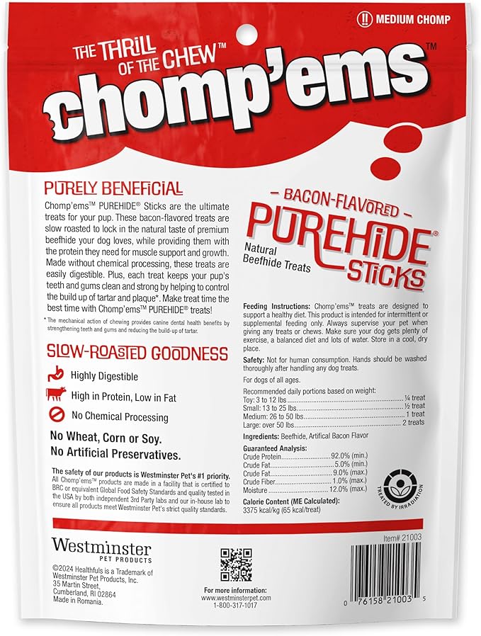 CHOMP 'EMS Purehide Chews - Slow Roasted Naturally Delicious Rawhide Dog Treats - High Protein Beef Hide - Bacon Flavor, Sticks, 8.5 Oz.