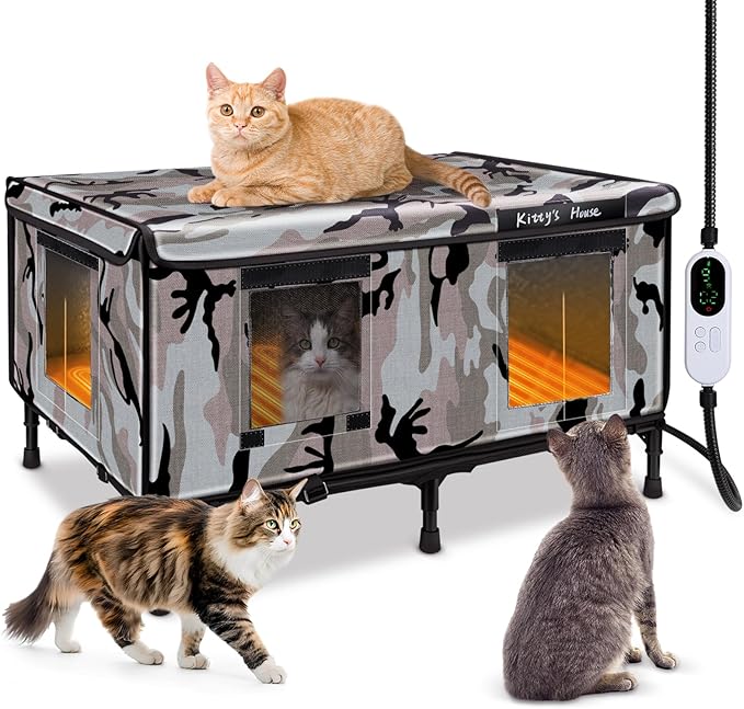 Heated Outdoor Cat House - Weatherproof Outdoor Cat Shelter with 2 Doors & Rain Cover, Waterproof Warm Outside Cat House for Feral Cats & Stray Pets (32"x22"x18")