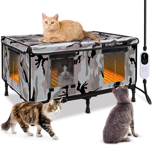 Heated Outdoor Cat House - Weatherproof Outdoor Cat Shelter with 2 Doors & Rain Cover, Waterproof Warm Outside Cat House for Feral Cats & Stray Pets (32"x22"x18")