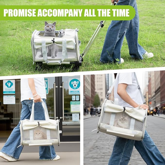 Pet Carrier with Wheels - Soft-Side Wheeled Cat Carrier for Dogs with Telescopic Handle, Collapsible Rolling Pet Travel Bag Carrier for Large Cats Small Medium Dogs for Camping Vet Visiting Beige