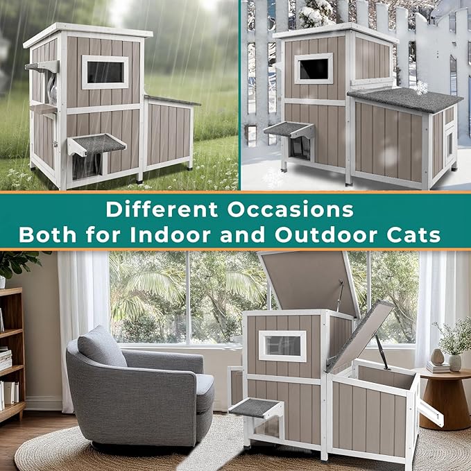 PetsCosset Cat Houses for Outdoor Cats Outside Feral Cat Shelter Weatherproof Wooden Cat Houses for 2-3 Cats with 3 Rooms 3 Escape Doors 2 Openable Asphalt Roofs