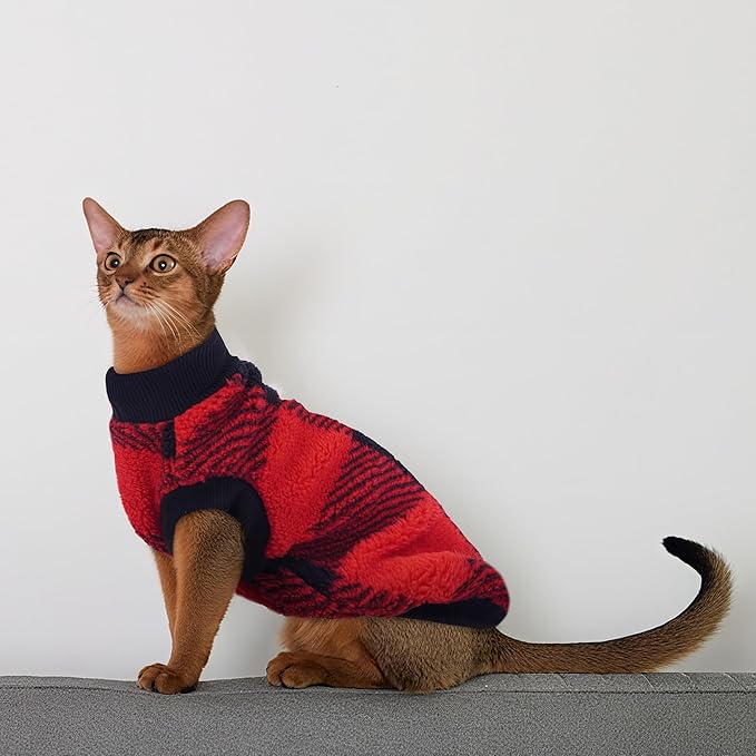 PUMYPOREITY Winter Warm Cat Sweater with Stretch Ribbed Collar & Cuffs, Snug & Secure Fit with Soft Plush Fleece, Easy-On Cat Sweatshirt for Indoor/Outdoor Use,Red, M