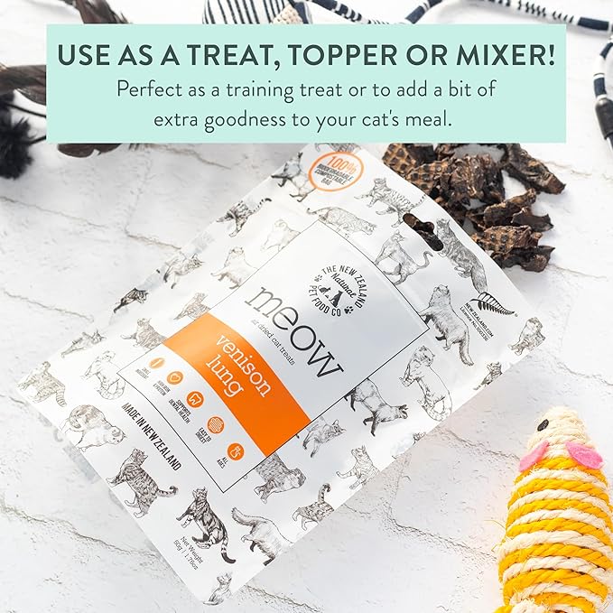 The New Zealand Natural Pet Food Co Meow Air Dried Cat Treats - Venison Lung, High Protein, Healthy Cat Snacks and Toppers, All Natural for All Life Stages, 1.76 oz