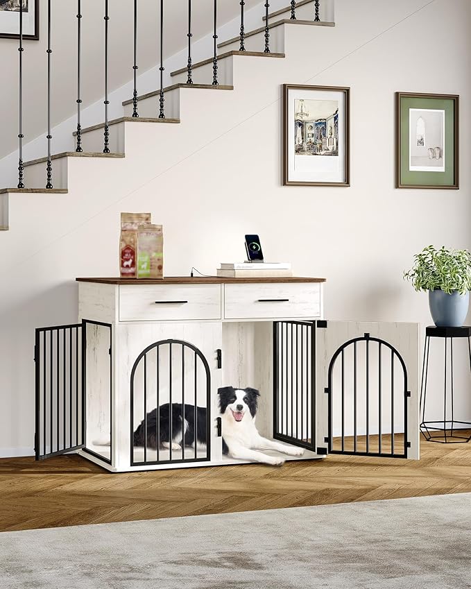 39.4'' Large Dog Crate Furniture with 2 Storage Drawers, Heavy Duty Dog Kennel Indoor with Charging Station, Wooden Dog Cage End Table Kennel for Medium/Large Dogs, White Brown DFC84214B