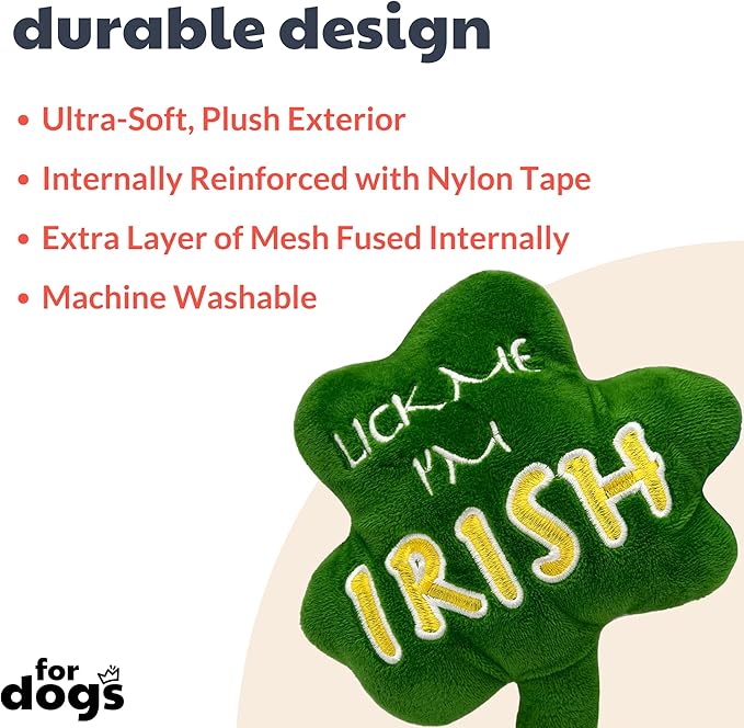 Huxley & Kent Funny Dog Toy w/Squeaker – Power Plush Squeaky Dog Toys for Small, Medium & Large Dogs – Soft Stuffed Animal for Indoor Play & Fetch - Lick Me Shamrock, One Size