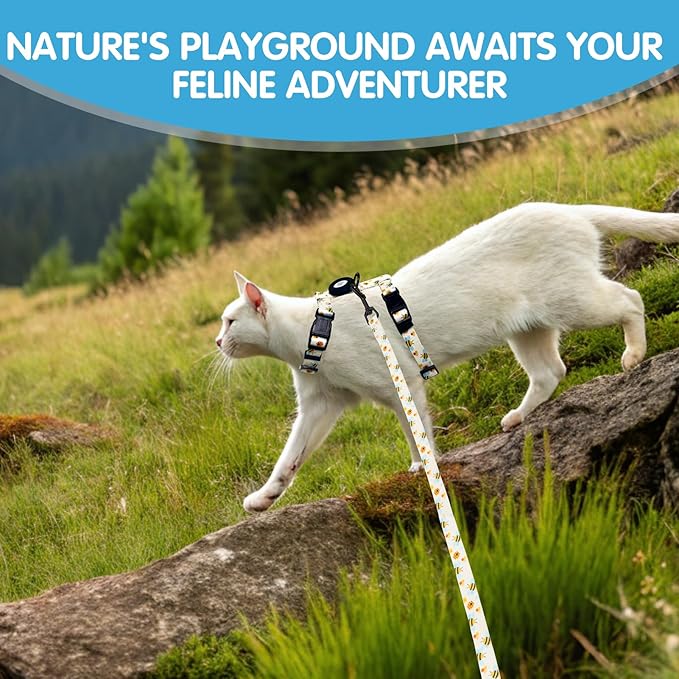 BINGPET Cat Harness and Leash Set Escape Proof for Walking,Adjustable Kitten Harness with Airtag Holder for Small Medium Large Cats (Cute Bee Print,Neck:8"-12",Chest:12.5"-18")