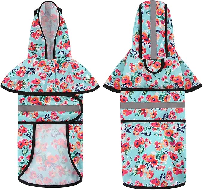 HDE Dog Raincoat Jacket Reflective Adjustable Hooded Pet Poncho Rain Coat with Leash Hole for Small to X-Large Dogs Turquoise - S