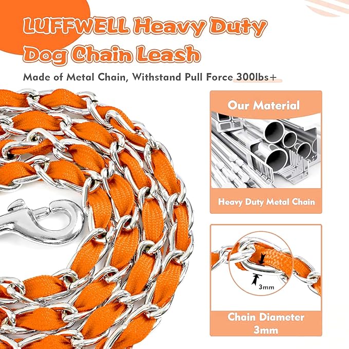 Heavy Duty Metal Dog Leash, Chew Proof Dog Chain Leash with Comfortable PU Leather Padded Handle, Metal Chain and Nylon Rope Leash for Medium Large Pooch Walking Training (6ft 3.0mm Orange)
