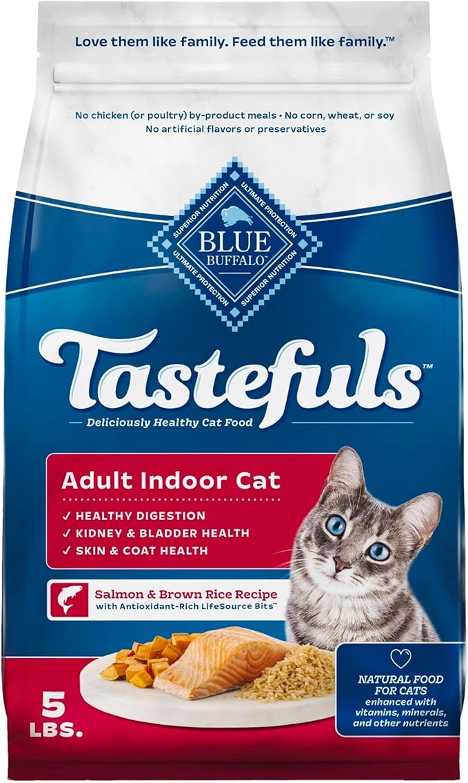 Blue Buffalo Tastefuls Natural Dry Food for Adult Indoor Cats, Salmon & Brown Rice Recipe, 5-lb. Resealable Bag