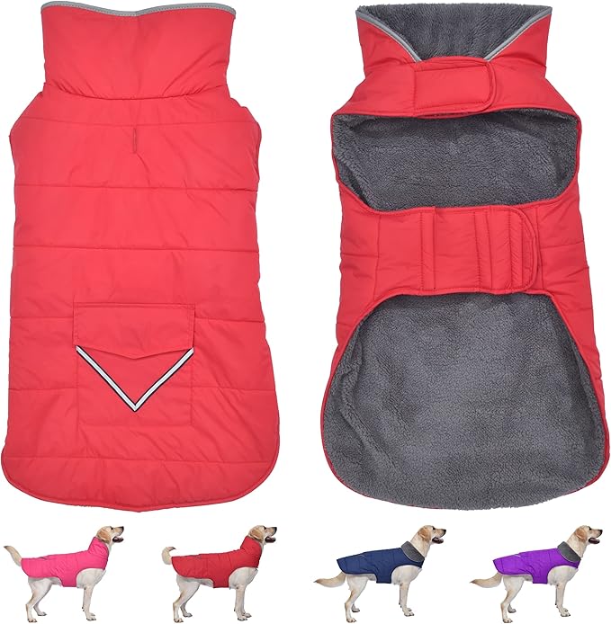 Dog Coat, Waterproof Dog Winter Jacket with Pocket, Reflective Adjustable Pet Snow Vest, Warm Cozy Fleece Sweater for Small Medium Extra Large Dogs - Red, L