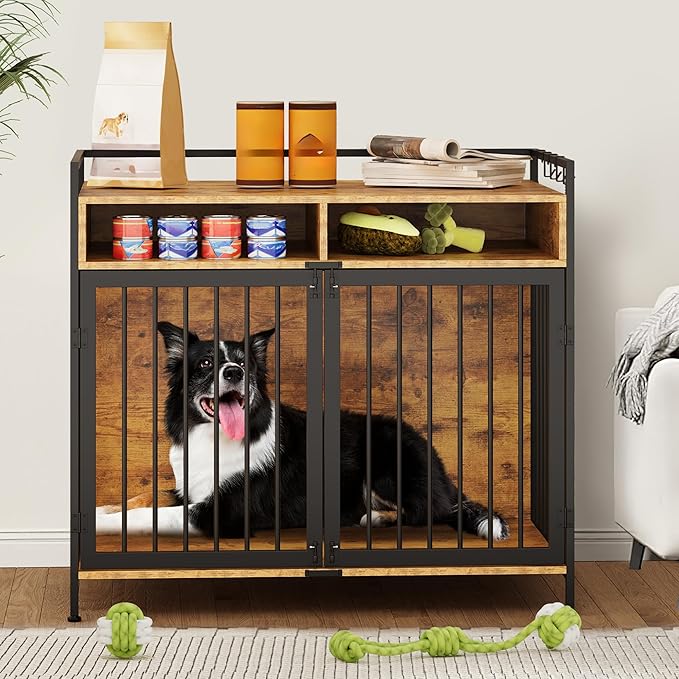 YITAHOME Large Dog Crate, 41" Heavy Duty Dog Kennel with 2 Drawers End Table, Wooden Dog Cage Indoor Dog House Pet Crate Table with Double Doors for Large Medium Small Dogs, Rustic Brown