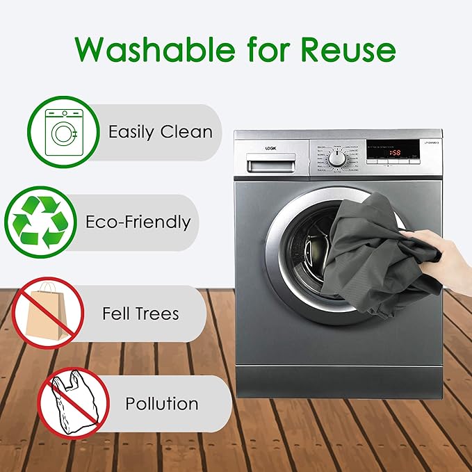 BeeGreen Grey Reusable Grocery Bags Wholesale Gray Reusable Kitchen Bags Bulk with Elastic Band Foldable-Machine Washable with Zipper Storage Pouch 50 Packs