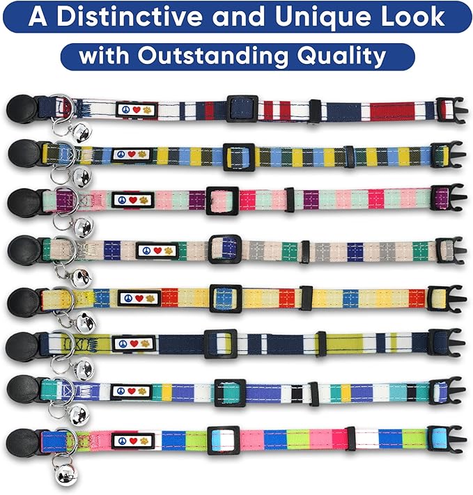 Pawtitas Multicolor Cat Collar Kitten Collar with Safety Buckle and Removable Bell - Blue/Grey/Beige/Green