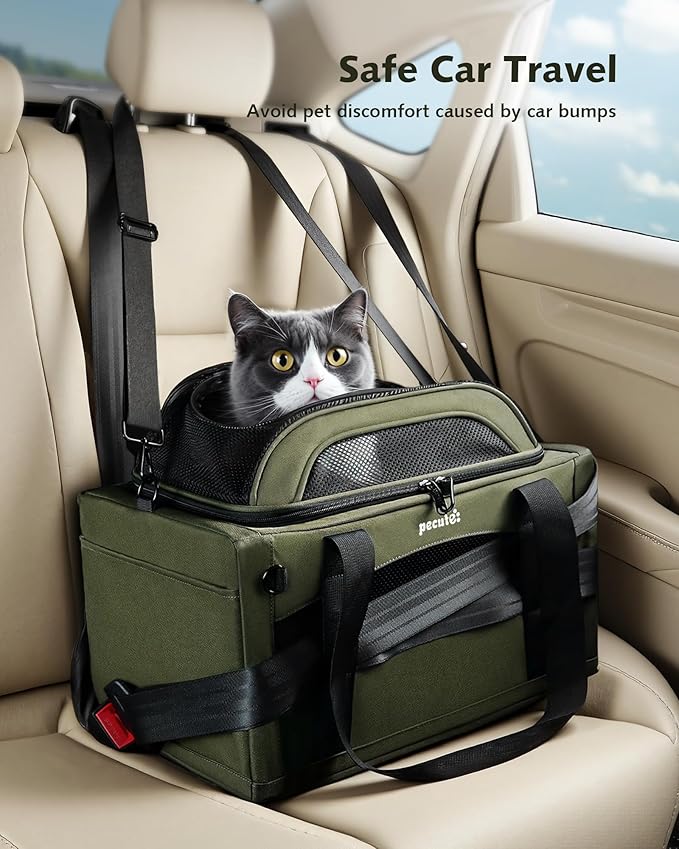 Pecute Expandable Pet Carrier Airline Approved Dog Cat Carrier, Breathable Soft-Sided with Locking Zippers, Pet Travel Bag for Small Dog Cat Leakproof Pee Pad (Dark Green)