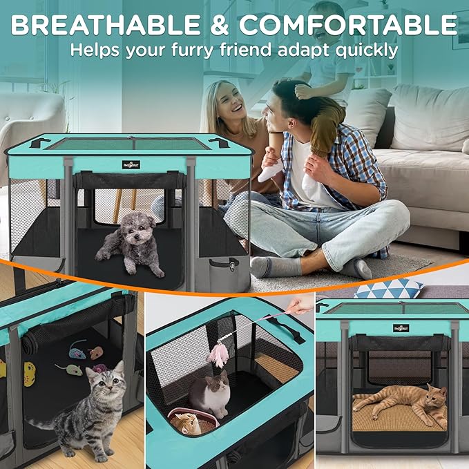 Foldable Pet Kitten Playpen, Upgrade Waterproof Portable Cat Dog Playpen Kennel Tent for Small Dog Cat, Retractable Shade Cover, Indoor Outdoor Use for Small Pet, BlackTeal.