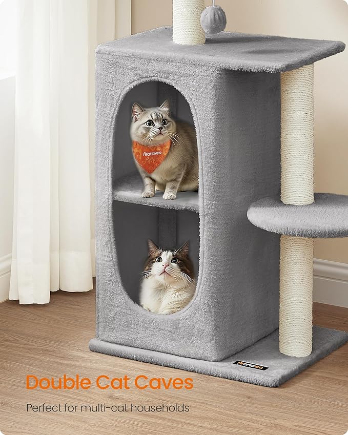 Feandrea Cat Tree, Small Cat Tower for Indoor Cats, Plush Cat Caves with Perch, Scratching Posts, for Small Spaces, Kittens, Light Gray UPCT005G01