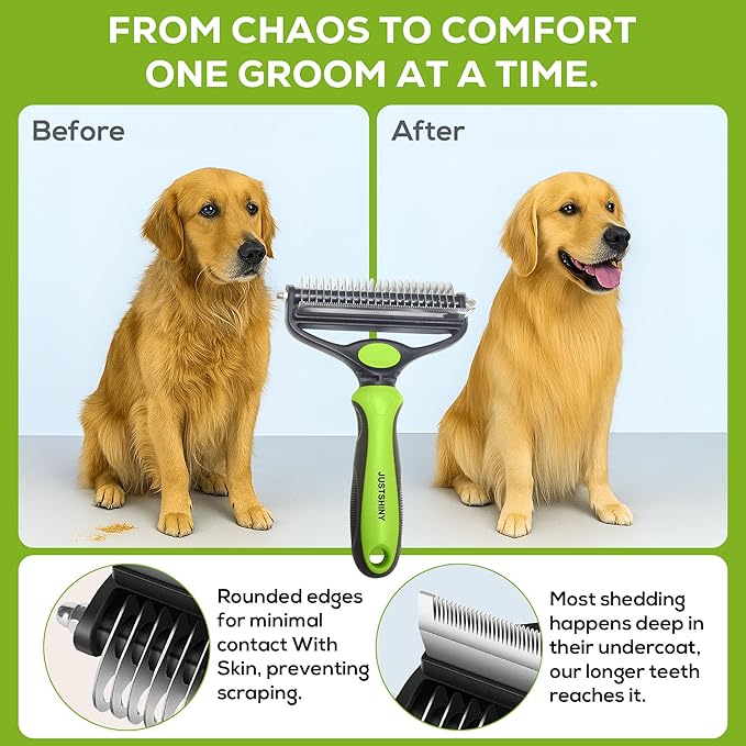 Pet Grooming Set – Deshedding Hair Brush & 2 Finger Toothbrushes – Perfect for Dogs & Cats (Green)