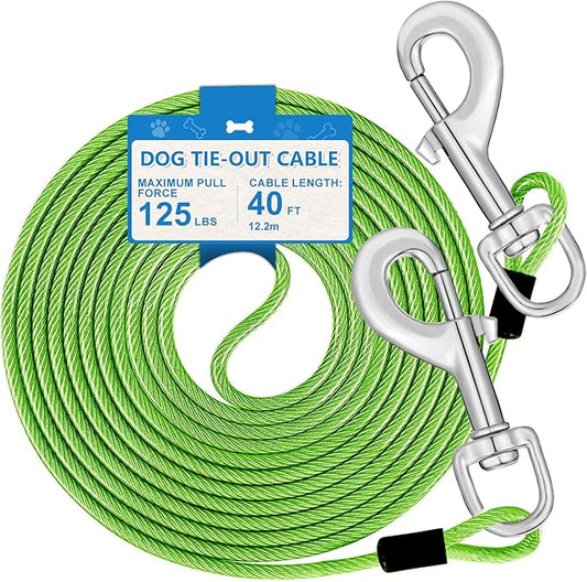 40, Dog Tie Out Cable, Dog Leash Heavy Duty Tie Out Cable for Large Dogs Up to 125lbs Pull Force, Dogs Runner for Yard Outdoor and Camping, Heavy, Green