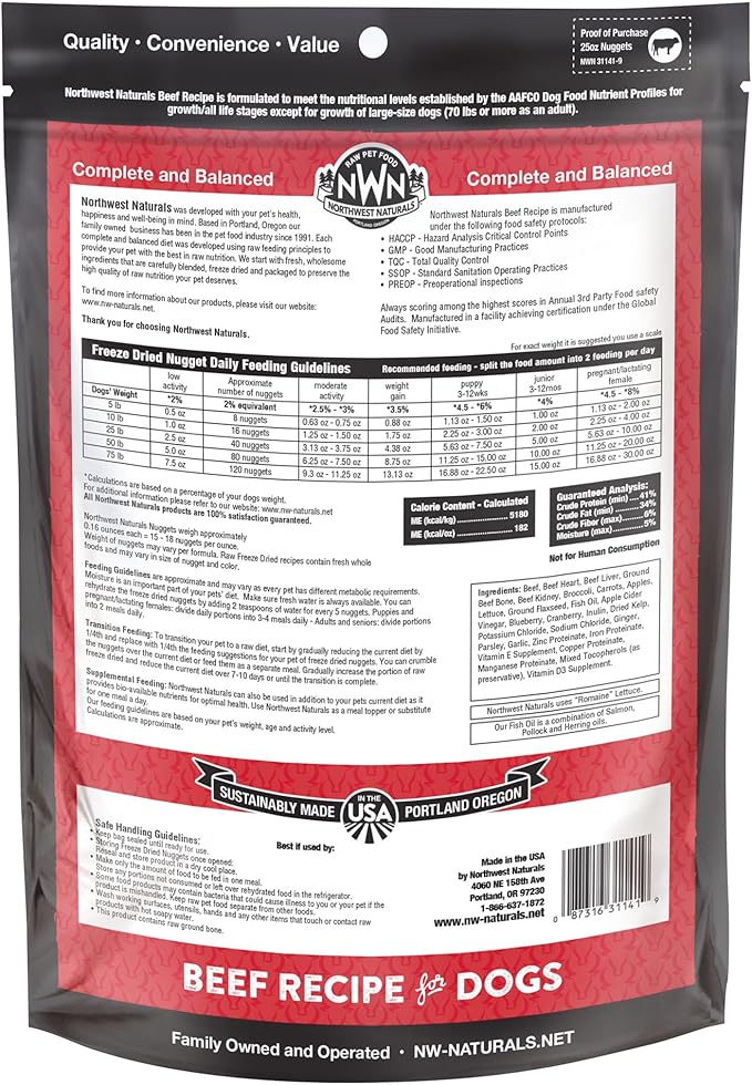 Northwest Naturals Freeze-Dried Beef Dog Food - Bite-Sized Nuggets - Grain-Free, High-Protein, Raw Diet, Human-Grade Ingredients, All Natural, Premium Quality, Healthy & Nutritious, Made in USA, 25 Oz