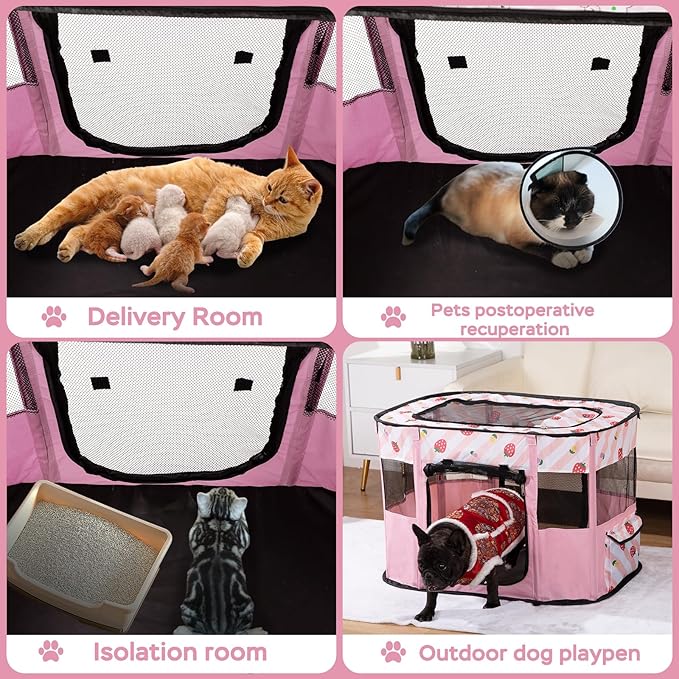 Portable Pet Cat Playpen,Cat Cages Indoor Collapsible Dog Crates Tent Kennel Playpen for Dogs Cat and Rabbit Travel Dog Playpen Indoor & Outdoor (Small（27.6" L x 21.7" W x 17.7" H）, Pink)