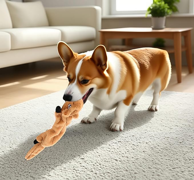 Squeaky Plush Squirrel Dog Toys, No-Stuffing Design, Set of 2, Blue and Yellow, for Small & Medium Dogs