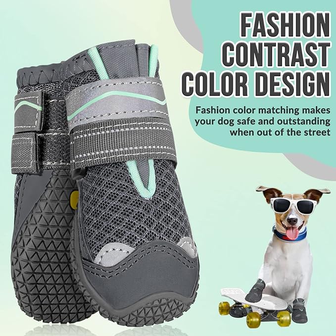 SlowTon Dog Shoes for Large Small Medium Dogs - Breathable Dog Boots for Summer Hot Pavement, Paw Protector for Outdoor Walking Winter Snow, Anti-Slip Rubber Dog Booties for Hardwood Floor (GY, 4)