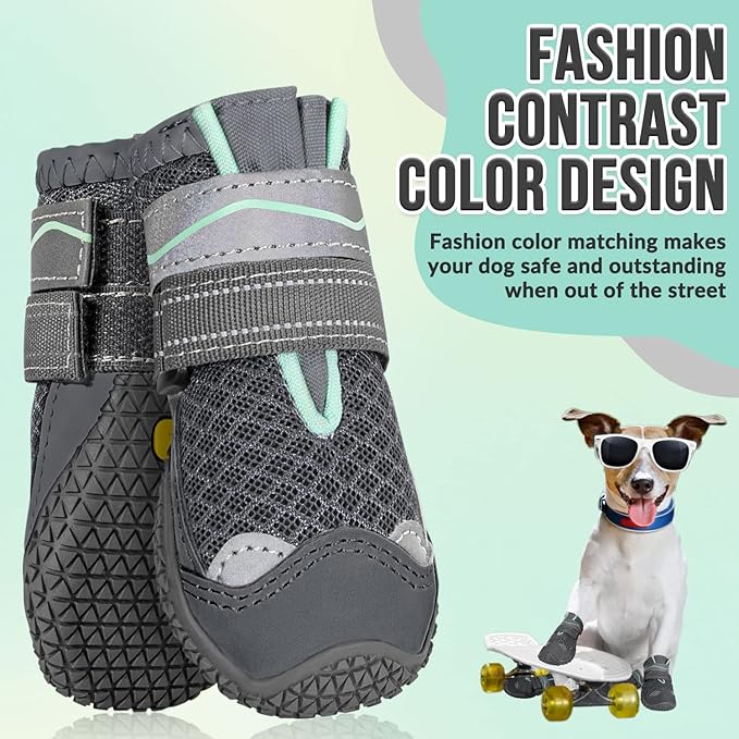 SlowTon Dog Shoes for Large Small Medium Dogs - Breathable Dog Boots for Summer Hot Pavement, Paw Protector for Outdoor Walking Winter Snow, Anti-Slip Rubber Dog Booties for Hardwood Floor (GY, 8)