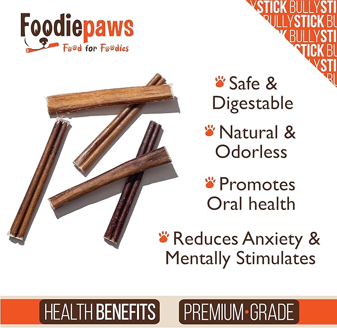 FOODIEPAWS 12 Inch Jumbo Bully Sticks for Dogs, 5 Pack |Thick, Grass-Fed Beef Pizzle Chews | All Natural, Rawhide-Free & Fully Digestible | High Protein, Long Lasting Dog Treats for Heavy Chewers