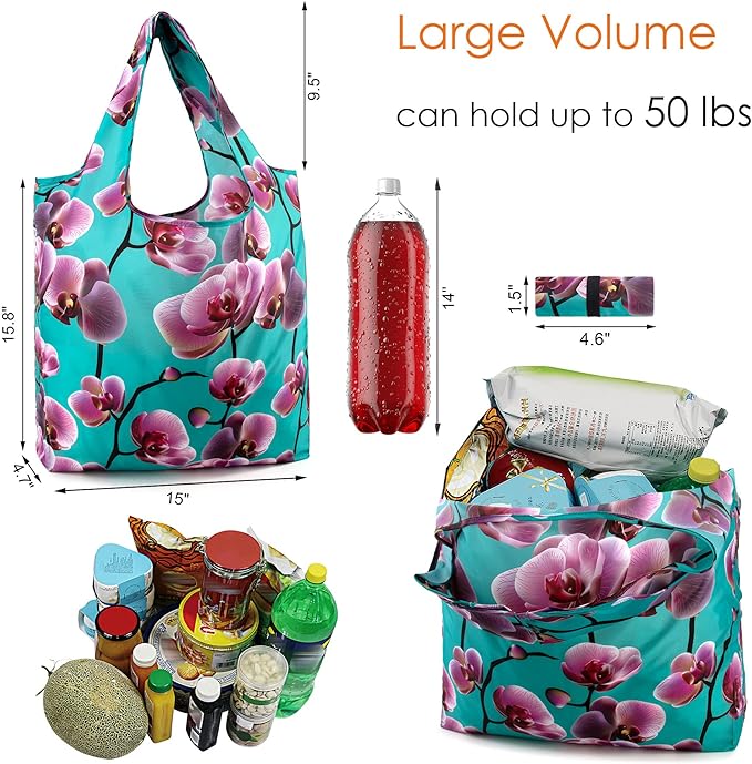 BeeGreen 10 Pack Washable Floral Grocery Bags for Shopping Reusable Tote Bags Extra Large 50LBS Cute Flower Design Foldable Reusable Bags for Women Men Lightweight Durable