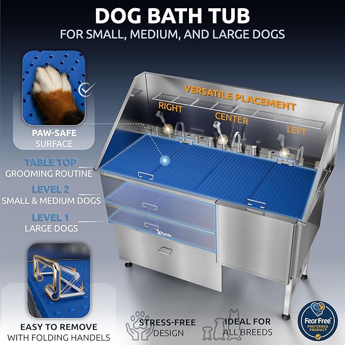 KANIS Professional Dog Washing Station - 304 Stainless Steel Pet Wash Sink & Grooming Bathtub w/Shower, Floor Grates and Storage for Large, Medium & Small Pets (61", 1 Drawer - Right Ramp)