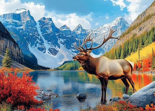 Puzzles for Adults 1000 Pieces, Majestic Elk in Mountain Lake Fall Landscape Puzzle with Letters on Back, Nature and Wildlife Jigsaw Puzzle for Relaxation, Gift for Game Night(28"x20")