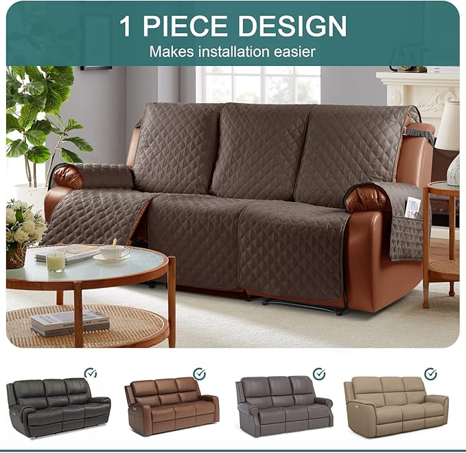 Ruaozz Waterproof Recliner Sofa Cover 1-Piece Couch Covers for Reclining Couches Reclining Sofa Cover Washable Furniture Protector with Elastic Straps Pocket for Kids, Pets (Brown, 3 Seater)