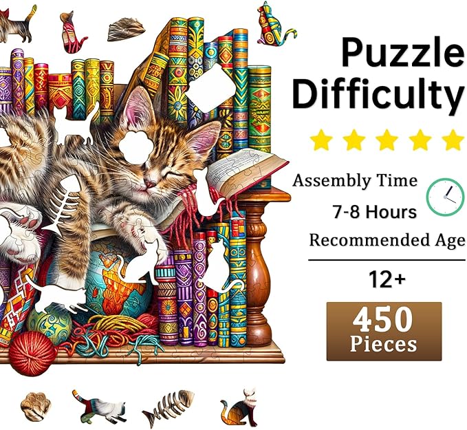 Jigfoxy Wooden Puzzles for Adults, Cat Wood Puzzles Adult, Unique Animal Shape Wooden Jigsaw Puzzles for Adults, Birthday Gifts for Puzzle Lovers, Family, Friend (XL-17.3 * 14in-450pcs)