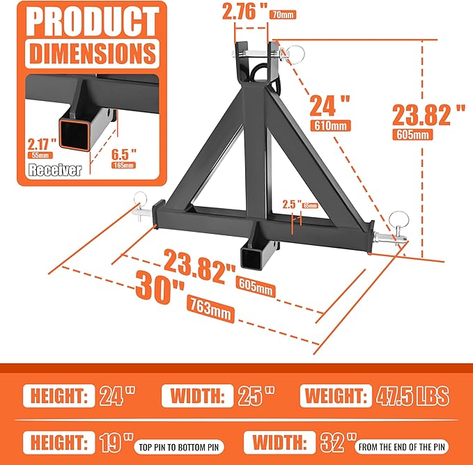 ECOTRIC 3 Point 2" Receiver Trailer Hitch Compatible with Kubota John Deere BX LM25H WLM NorTrac Yanmar Kioti Cat Tractor Drawbar Receiver Heavy Duty Quick Hitch Category 1 30"