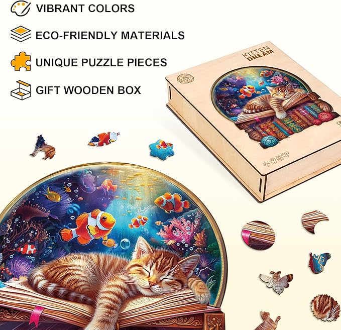 KAAYEE Wooden Puzzles for Adults, Kitten Dream Puzzles, 180 Piece Unique Animal Shape Puzzle, Cat Wood Puzzle for Adults, Creative Gifts for Cat Lover/Friends/Family, Home Decor(11.4 * 9.8in)