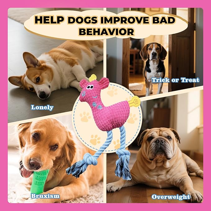 Squeak Plush Dog Toys for Small & Medium Breeds, Chew Rope to Keep Them Busy for Puppy Teething Chewing, Interactive Indoor/Outdoor Play, Best Pet Gift, Pink Deer