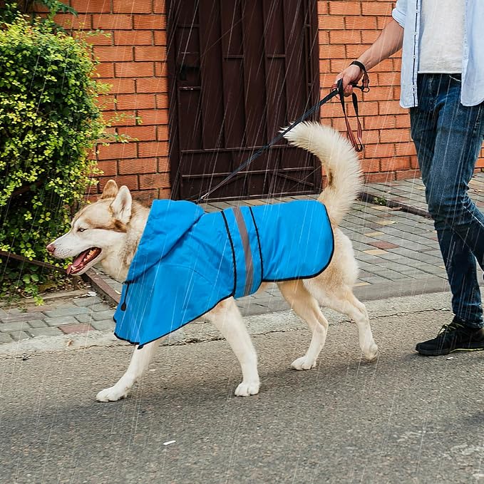 Dog Raincoat - Waterproof Doggie Rain Jacket with Leash Hole, Lightweight Hooded Pet Poncho Slicker (Medium, Blue)