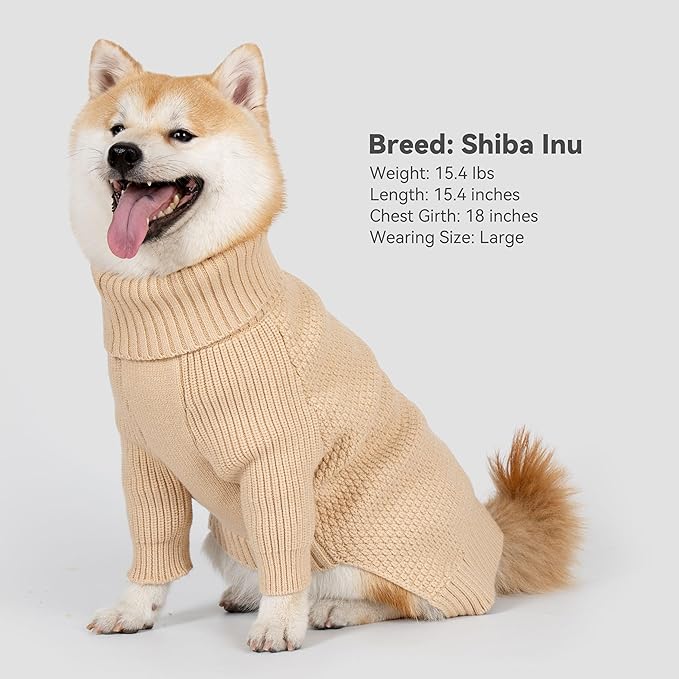 cyeollo Dog Sweater Turtleneck Knitted Sweaters with Leash Hole Winter Dog Clothes Sweaters for Small Dogs Beige