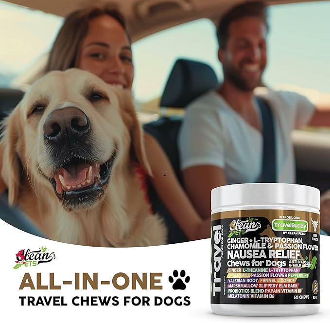 Travel Chews Nausea Relief for Dogs | Ginger L-Tryptophan Chamomile Passion Flower L-Theanine Peppermint Valerian Root Fennel Licorice Root Marshmallow Root Slippery Elm Melatonin Chew