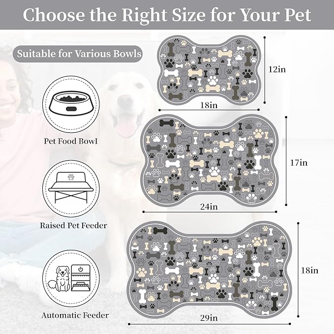 Dog & Cat Food Mat Bone Shaped Pet Feeding Mat Quick Absorb Water Bowl Placemat with Rubber Backing Indoor Floor Stain Resistant Pet Accessory Supplies (Gray, 17x29 Inches)