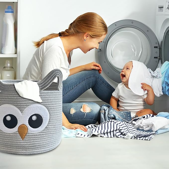 VK VK·LIVING Owl Storage Basket for Gift Foldable Cute Nursery Animal Toy Basket with Handles, Large Cotton Rope Baby Laundry Storage Organizer for Blanket Towels in Living Room Bedroom 15"Lx14"H
