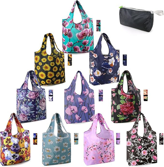 BeeGreen 10 Pack Washable Floral Grocery Bags for Shopping Reusable Tote Bags Extra Large 50LBS Cute Flower Design Foldable Reusable Bags for Women Men Lightweight Durable