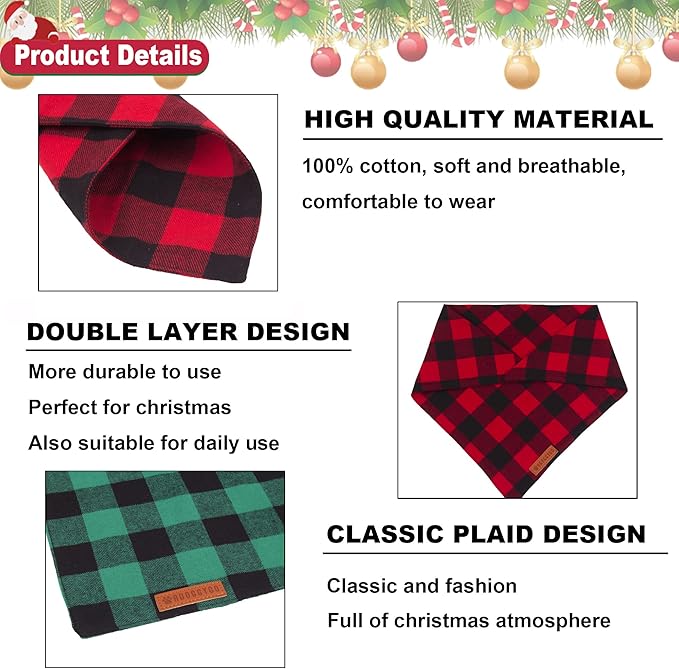 ADOGGYGO 4 Pack Dog Bandana Christmas Classic Plaid Bandana Scarf, Multiple Sizes Offered, Blue White Green Red Plaid Bandana for Large and X-Large Dogs (X-Large)