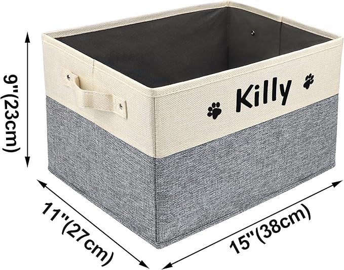 PET ARTIST Personalized Dog Toy Bin for Dog Toys Accessories - Foldable Dog Toy Basket Storage Box for Pet Toys,Dog Coat, Upgrade Grey, M:15''(38cm)*11''(28cm)*9''(23cm)