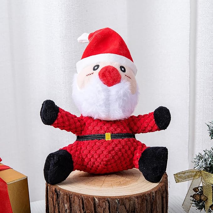Hollypet Christmas Squeaky Plush Stuffed Durable Dog Toys, Cute Puppy Chew Toys for Small, Medium and Large Breed Dogs, Sitting Santa Claus